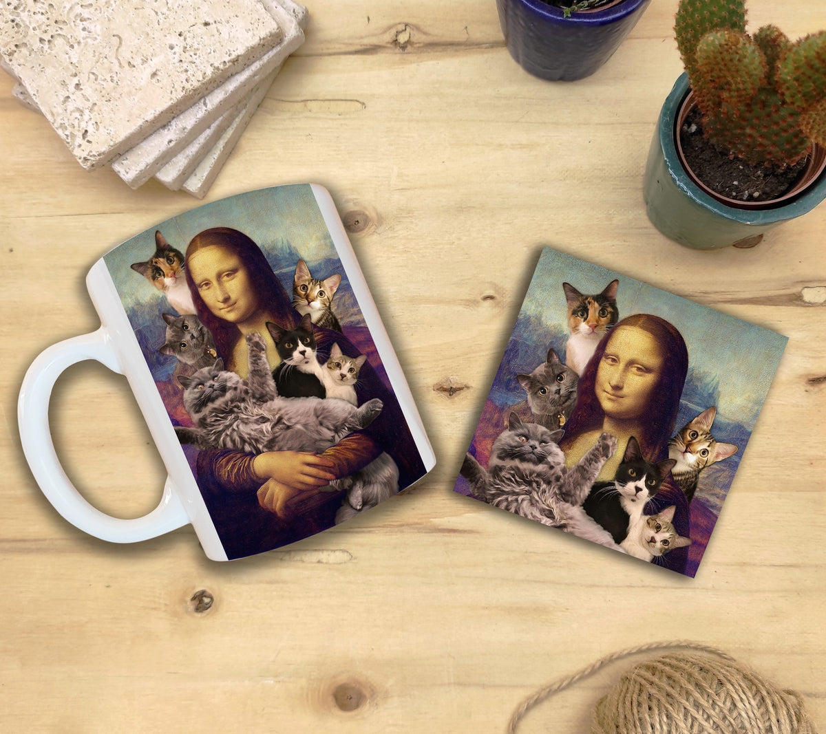 Kediler ve Sanat – Kedi Sürüsü, Da Vinci Mona Lisa Kupa ve Bardak Altlığı Seti