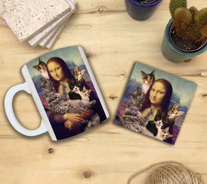 Kediler ve Sanat – Kedi Sürüsü, Da Vinci Mona Lisa Kupa ve Bardak Altlığı Seti