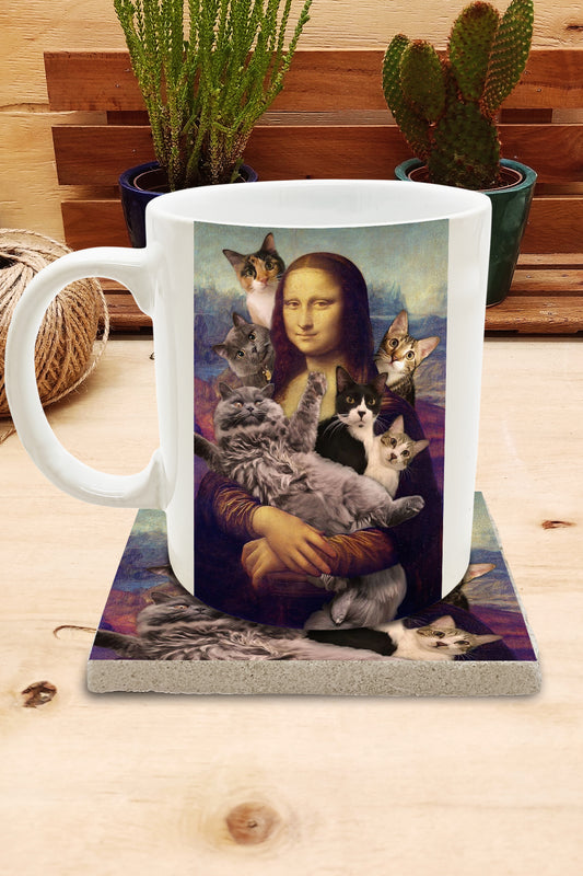 Kediler ve Sanat – Kedi Sürüsü, Da Vinci Mona Lisa Kupa ve Bardak Altlığı Seti – görsel 2