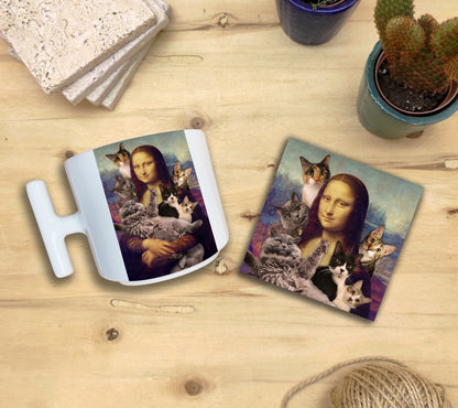 Kediler ve Sanat – Kedi Sürüsü, Da Vinci Mona Lisa T Kulplu Kupa ve Bardak Altlığı Seti