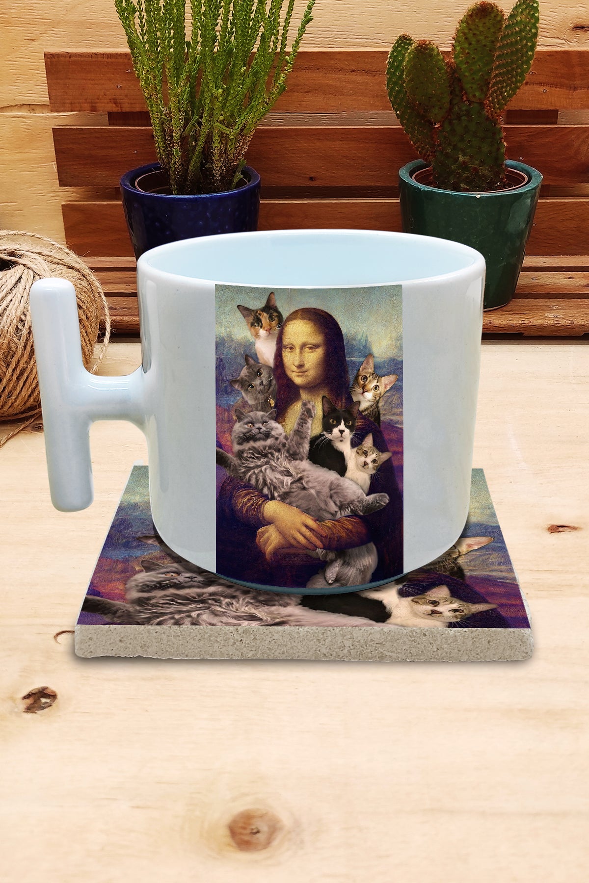 Kediler ve Sanat – Kedi Sürüsü, Da Vinci Mona Lisa T Kulplu Kupa ve Bardak Altlığı Seti – görsel 2
