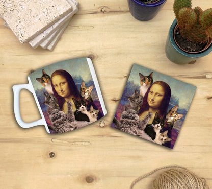 Kediler ve Sanat – Kedi Sürüsü, Da Vinci Mona Lisa Yelken Kulplu Kupa ve Bardak Altlığı Seti