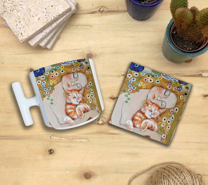 Kediler ve Sanat – Klimt Danae T Kulplu Kupa ve Bardak Altlığı Seti