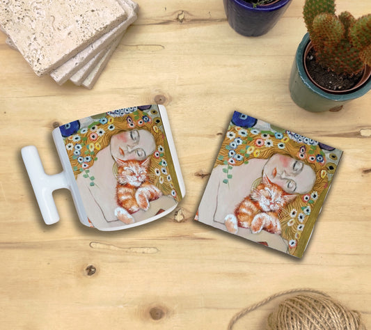 Kediler ve Sanat – Klimt Danae T Kulplu Kupa ve Bardak Altlığı Seti