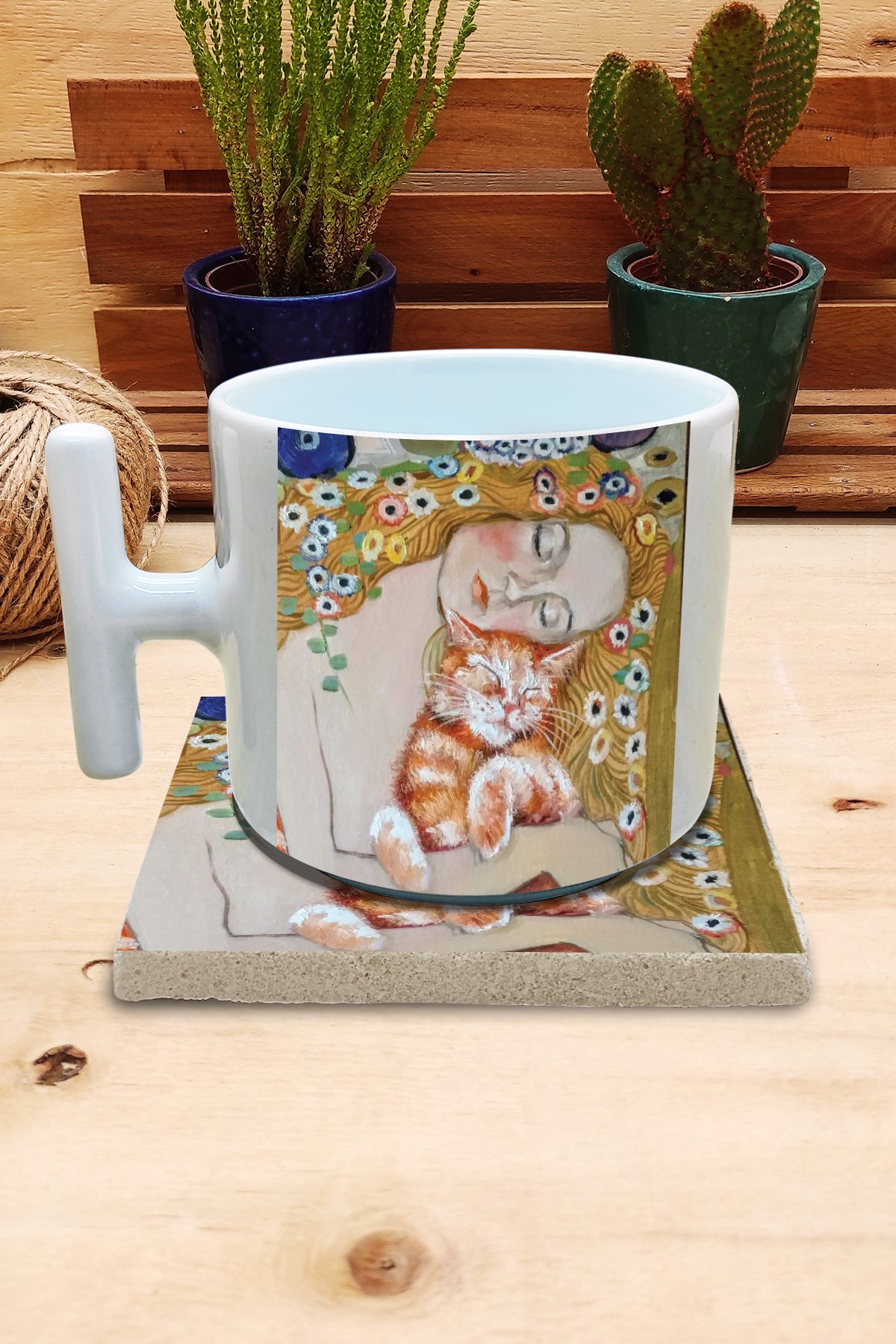 Kediler ve Sanat – Klimt Danae T Kulplu Kupa ve Bardak Altlığı Seti – görsel 2