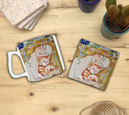 Kediler ve Sanat – Klimt Danae Yelken Kulplu Kupa ve Bardak Altlığı Seti