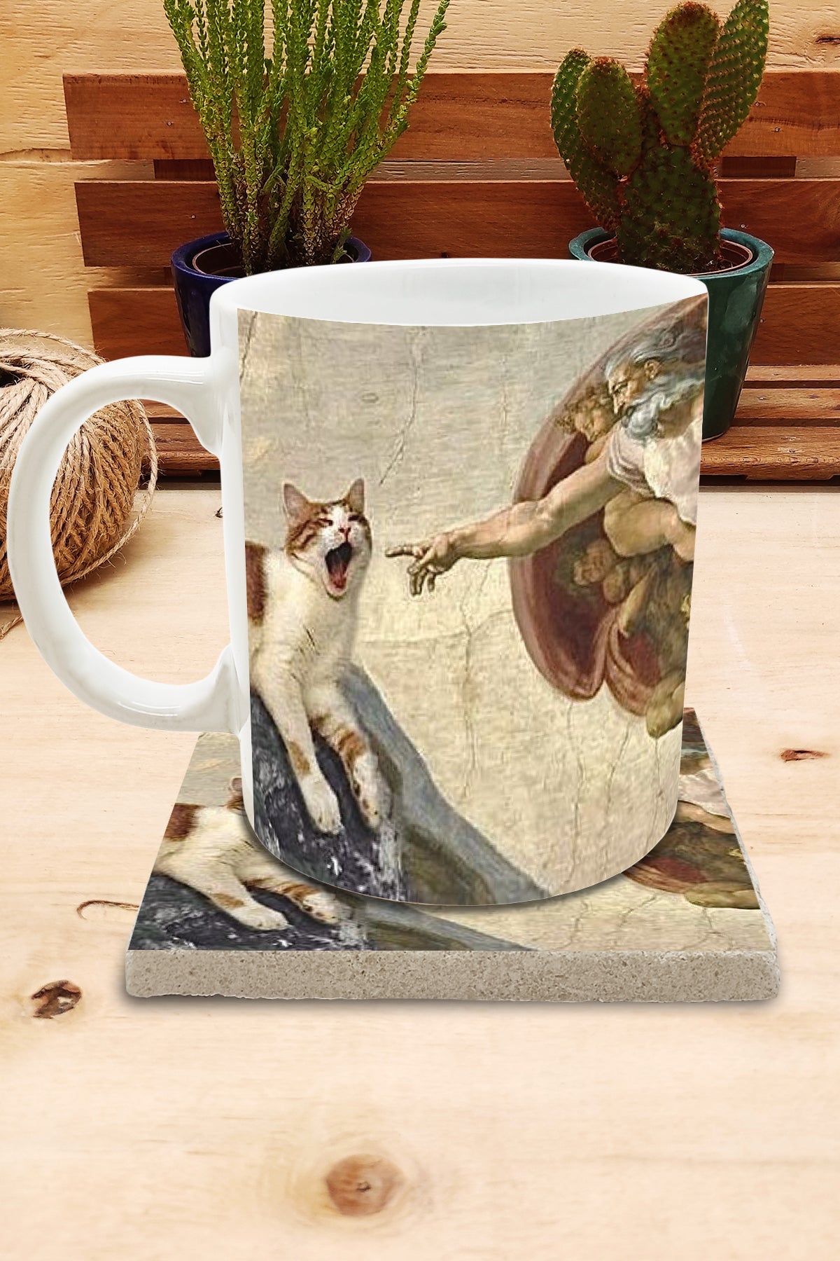 Kediler ve Sanat – Michelangelo Adem'in Yaratılışı (The Creation of Adam) Kupa ve Bardak Altlığı Seti – görsel 2