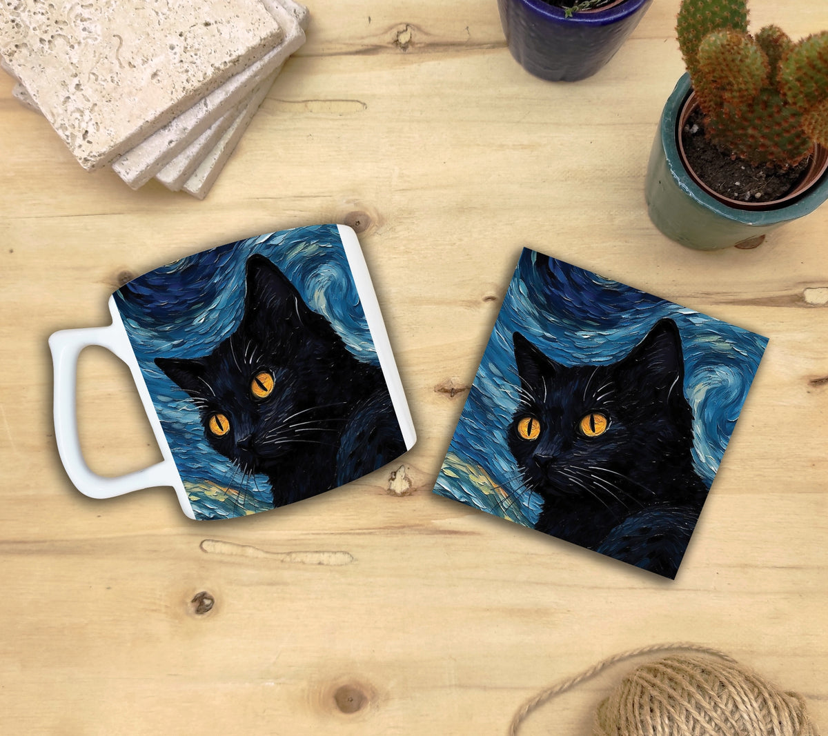 Kediler ve Sanat – Sarı Gözlü Kara Kedi, Van Gogh Yıldızlı Gece (The Starry Night) Yelken Kulplu Kupa ve Bardak Altlığı Seti