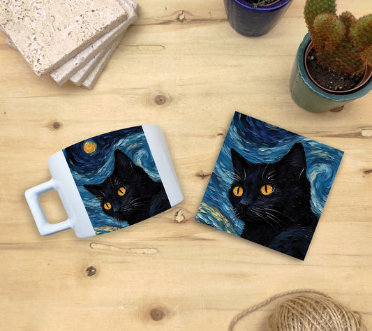 Kediler ve Sanat – Sarı Gözlü Kara Kedi, Van Gogh Yıldızlı Gece (The Starry Night) Çay/Kahve Fincanı ve Bardak Altlığı Seti