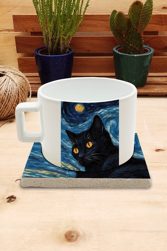 Kediler ve Sanat – Sarı Gözlü Kara Kedi, Van Gogh Yıldızlı Gece (The Starry Night) Çay/Kahve Fincanı ve Bardak Altlığı Seti – görsel 2