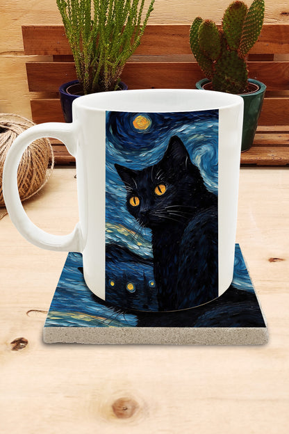Kediler ve Sanat – Sarı Gözlü Kara Kedi, Van Gogh Yıldızlı Gece (The Starry Night) Kupa ve Bardak Altlığı Seti – görsel 2