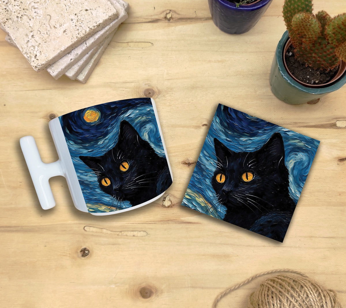 Kediler ve Sanat – Sarı Gözlü Kara Kedi, Van Gogh Yıldızlı Gece (The Starry Night) T Kulplu Kupa ve Bardak Altlığı Seti