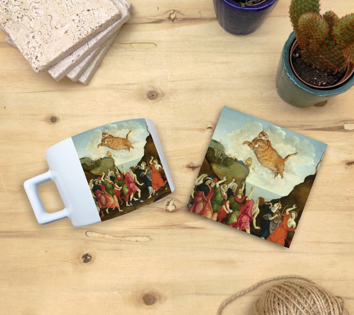 Kediler ve Sanat – Sarı Kedi Çay/Kahve Fincanı ve Bardak Altlığı Seti