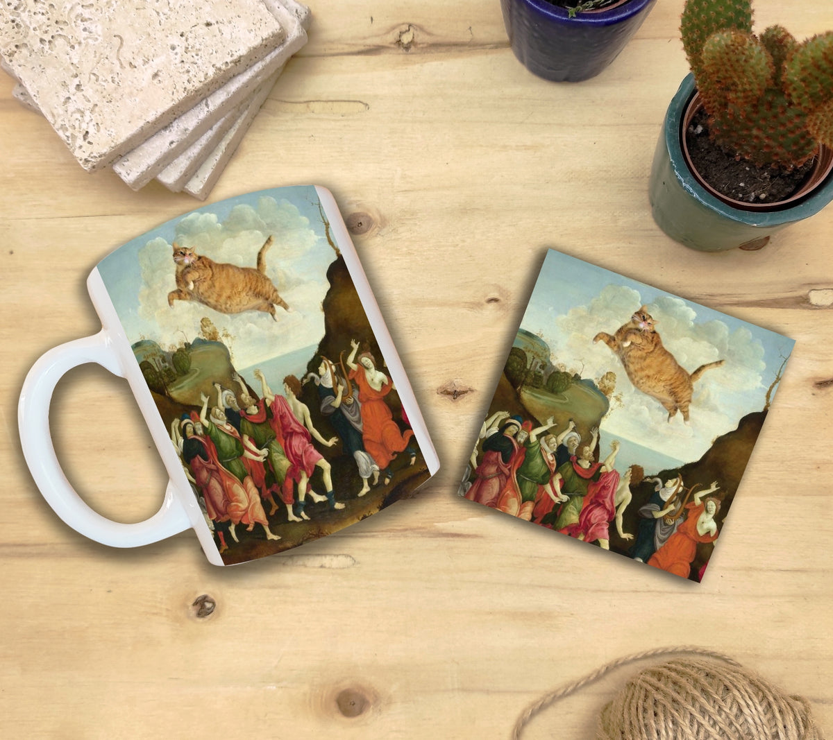 Kediler ve Sanat – Sarı Kedi Kupa ve Bardak Altlığı Seti