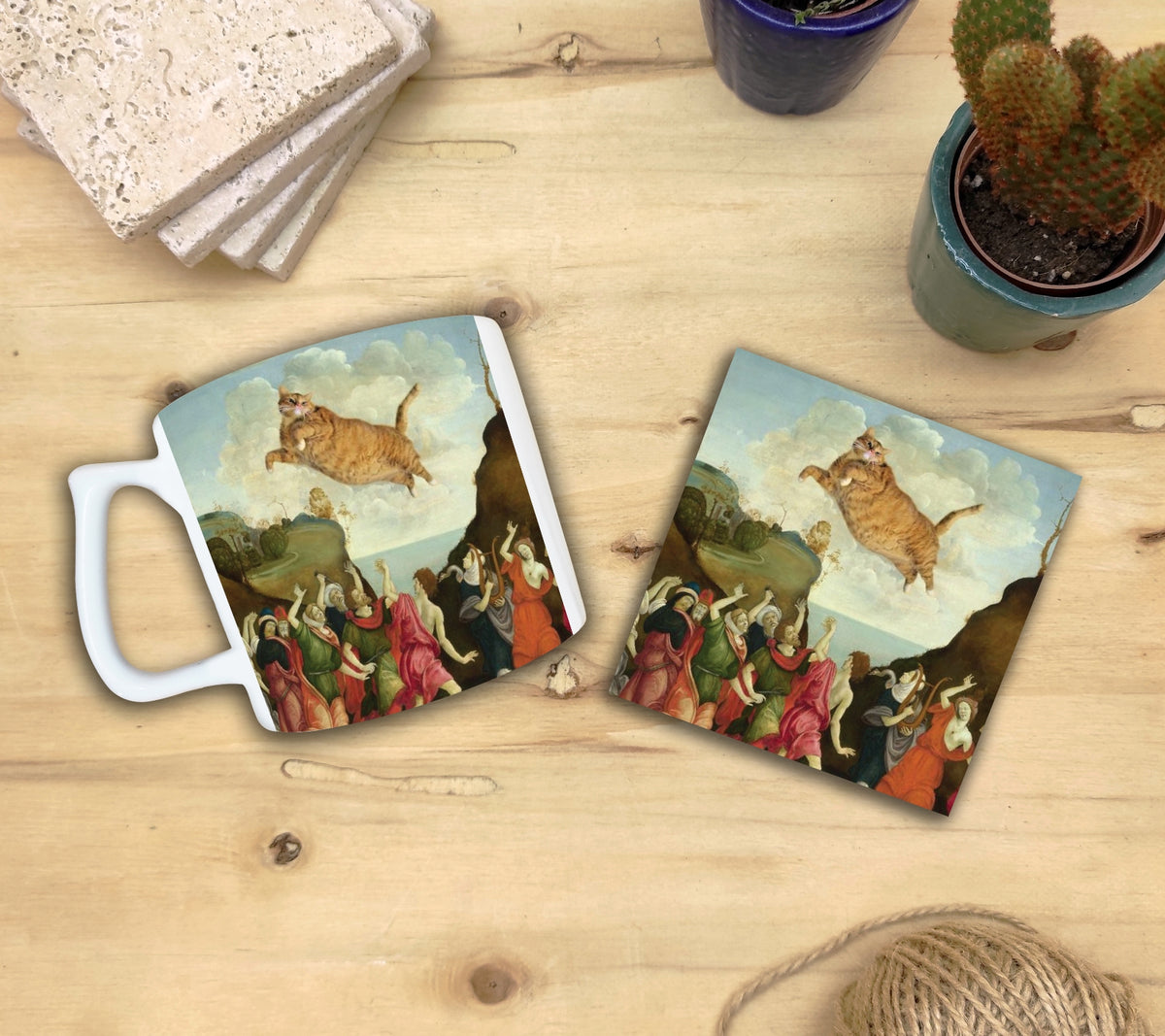 Kediler ve Sanat – Sarı Kedi Yelken Kulplu Kupa ve Bardak Altlığı Seti