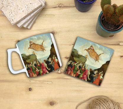 Kediler ve Sanat – Sarı Kedi Yelken Kulplu Kupa ve Bardak Altlığı Seti