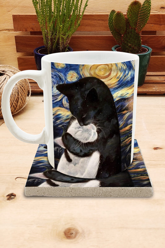 Kediler ve Sanat – Siyah Beyaz Kedi, Van Gogh Yıldızlı Gece (The Starry Night) Kupa ve Bardak Altlığı Seti – görsel 2