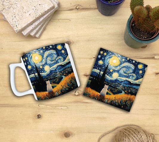 Kediler ve Sanat – Tarladaki Beyaz Kedi, Van Gogh Yıldızlı Gece (The Starry Night) Yelken Kulplu Kupa ve Bardak Altlığı Seti