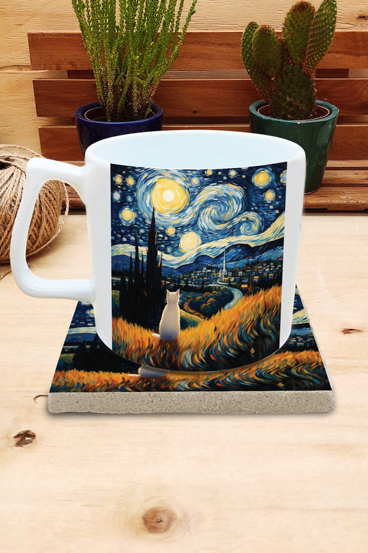 Kediler ve Sanat – Tarladaki Beyaz Kedi, Van Gogh Yıldızlı Gece (The Starry Night) Yelken Kulplu Kupa ve Bardak Altlığı Seti – görsel 2