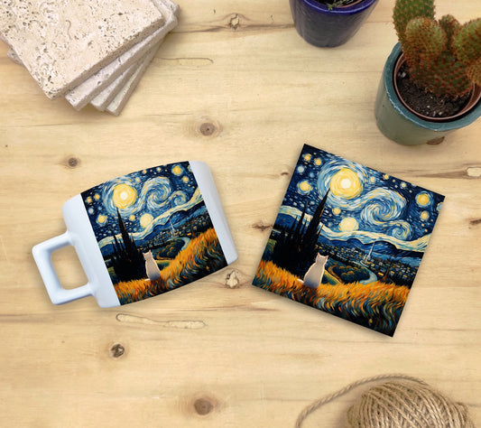 Kediler ve Sanat – Tarladaki Beyaz Kedi, Van Gogh Yıldızlı Gece (The Starry Night) Çay/Kahve Fincanı ve Bardak Altlığı Seti