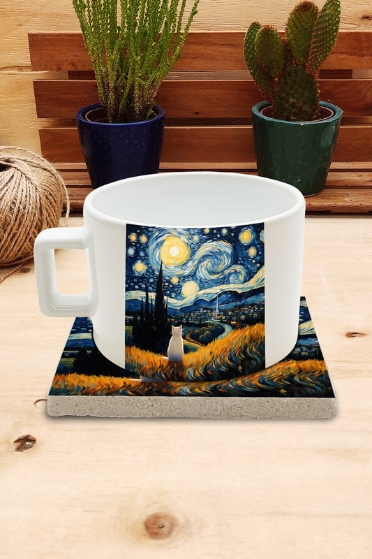 Kediler ve Sanat – Tarladaki Beyaz Kedi, Van Gogh Yıldızlı Gece (The Starry Night) Çay/Kahve Fincanı ve Bardak Altlığı Seti – görsel 2