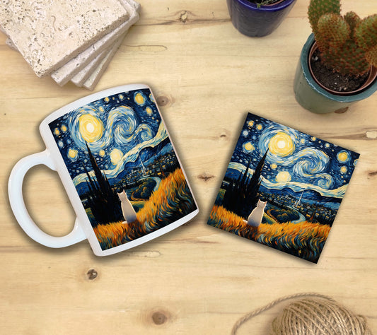 Kediler ve Sanat – Tarladaki Beyaz Kedi, Van Gogh Yıldızlı Gece (The Starry Night) Kupa ve Bardak Altlığı Seti