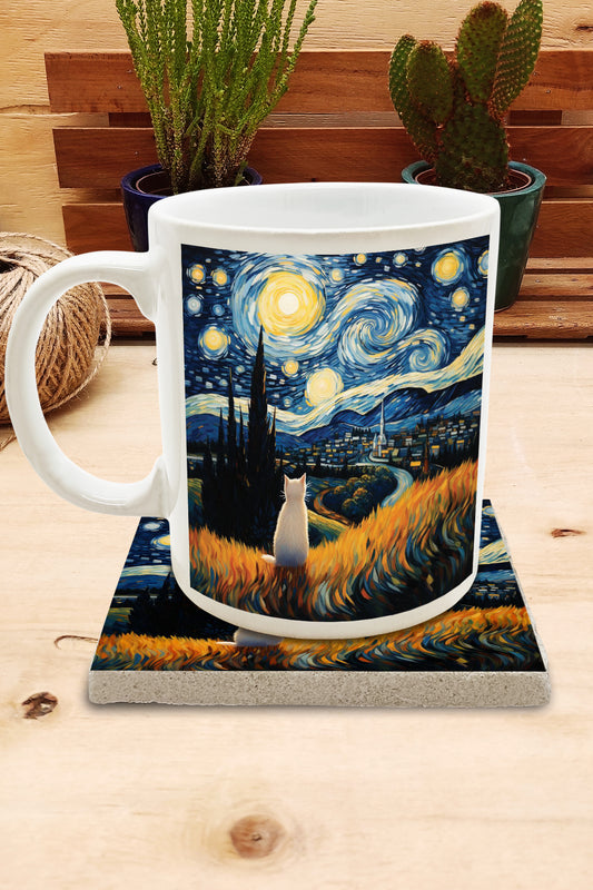 Kediler ve Sanat – Tarladaki Beyaz Kedi, Van Gogh Yıldızlı Gece (The Starry Night) Kupa ve Bardak Altlığı Seti – görsel 2