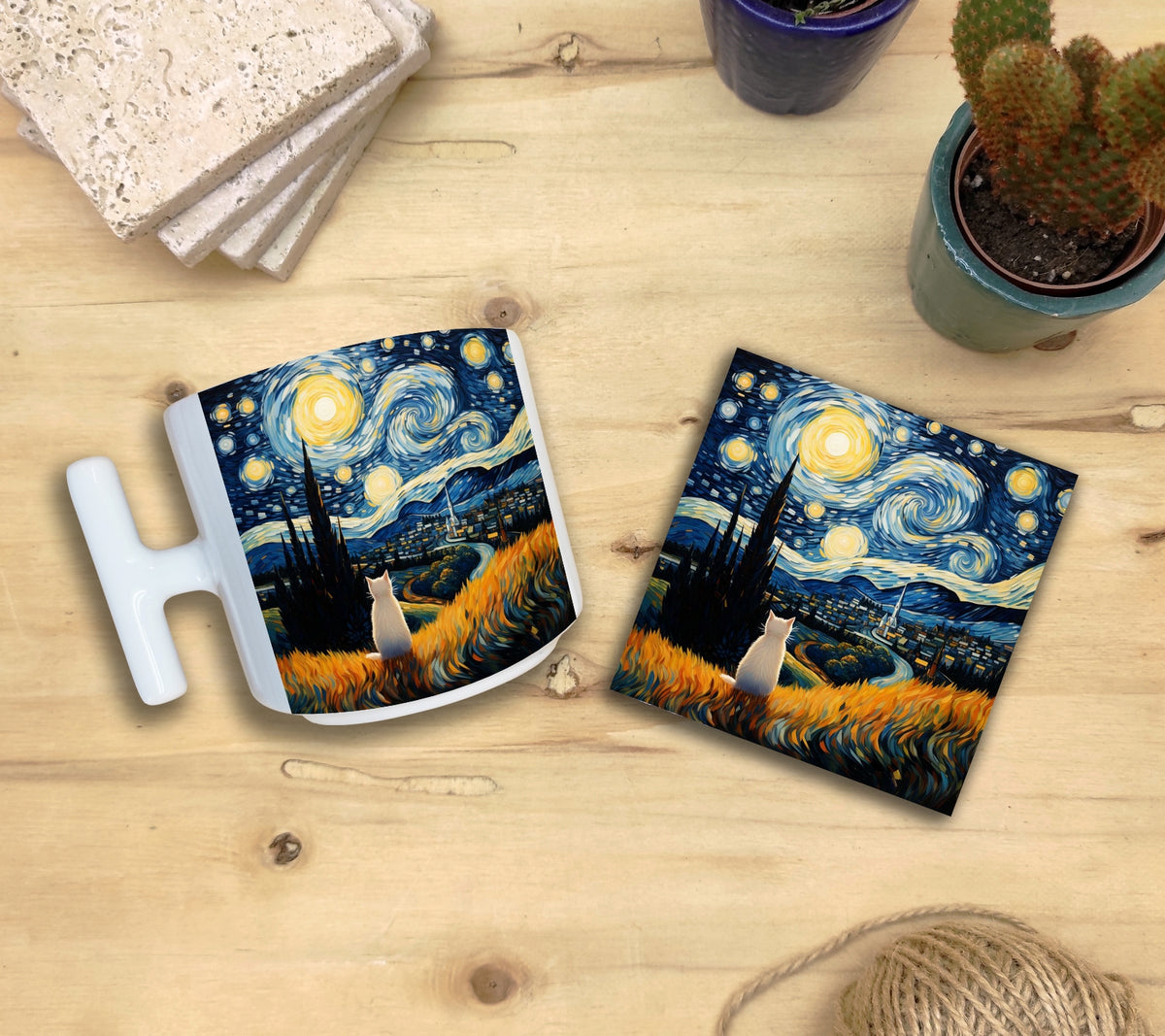 Kediler ve Sanat – Tarladaki Beyaz Kedi, Van Gogh Yıldızlı Gece (The Starry Night) T Kulplu Kupa ve Bardak Altlığı Seti