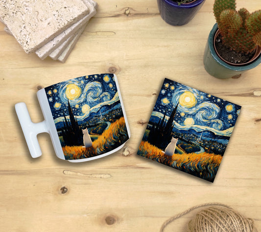 Kediler ve Sanat – Tarladaki Beyaz Kedi, Van Gogh Yıldızlı Gece (The Starry Night) T Kulplu Kupa ve Bardak Altlığı Seti