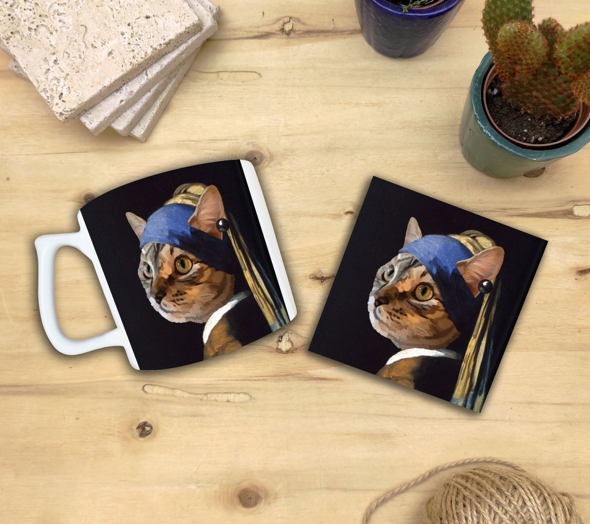 Kediler ve Sanat – Tekir Kedi, Vermeer İnci Küpeli Kız (Girl with a Pearl Earring) Yelken Kulplu Kupa ve Bardak Altlığı Seti