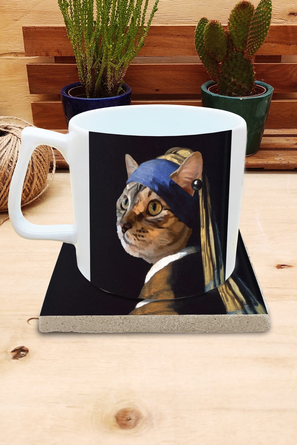 Kediler ve Sanat – Tekir Kedi, Vermeer İnci Küpeli Kız (Girl with a Pearl Earring) Yelken Kulplu Kupa ve Bardak Altlığı Seti – görsel 2