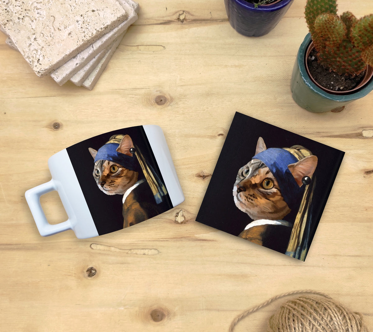 Kediler ve Sanat – Tekir Kedi, Vermeer İnci Küpeli Kız (Girl with a Pearl Earring) Çay/Kahve Fincanı ve Bardak Altlığı Seti
