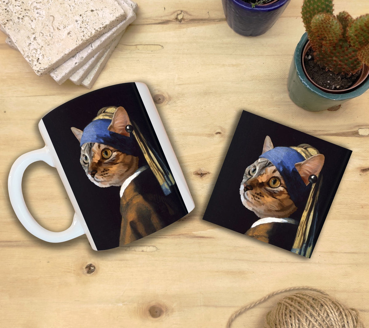 Kediler ve Sanat – Tekir Kedi, Vermeer İnci Küpeli Kız (Girl with a Pearl Earring) Kupa ve Bardak Altlığı Seti
