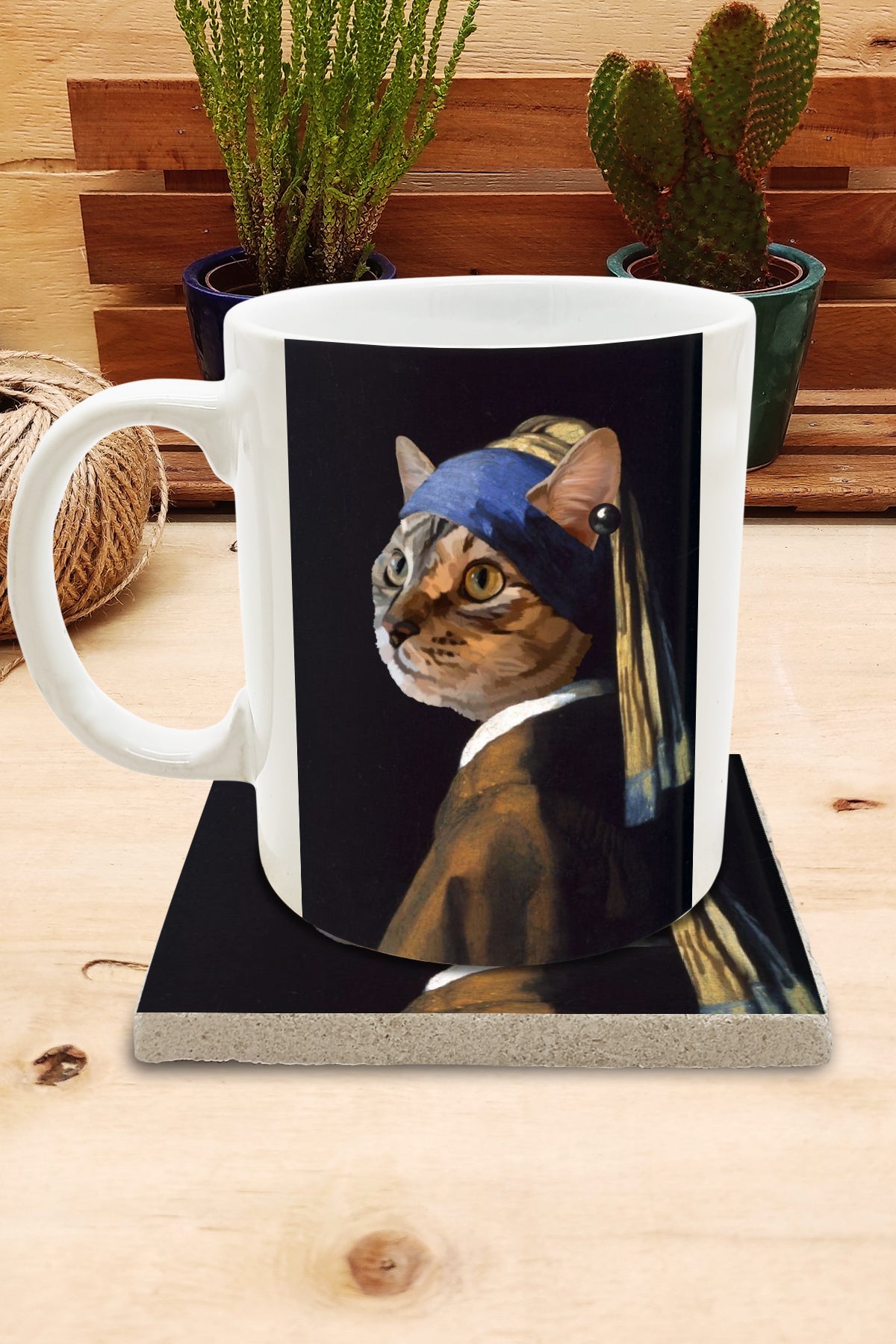Kediler ve Sanat – Tekir Kedi, Vermeer İnci Küpeli Kız (Girl with a Pearl Earring) Kupa ve Bardak Altlığı Seti – görsel 2