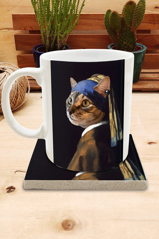 Kediler ve Sanat – Tekir Kedi, Vermeer İnci Küpeli Kız (Girl with a Pearl Earring) Kupa ve Bardak Altlığı Seti – görsel 2