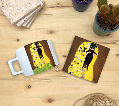 Kediler ve Sanat – Tırmanan Kara Kedi, Klimt Öpücük (The Kiss) Çay/Kahve Fincanı ve Bardak Altlığı Seti