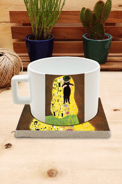 Kediler ve Sanat – Tırmanan Kara Kedi, Klimt Öpücük (The Kiss) Çay/Kahve Fincanı ve Bardak Altlığı Seti – görsel 2
