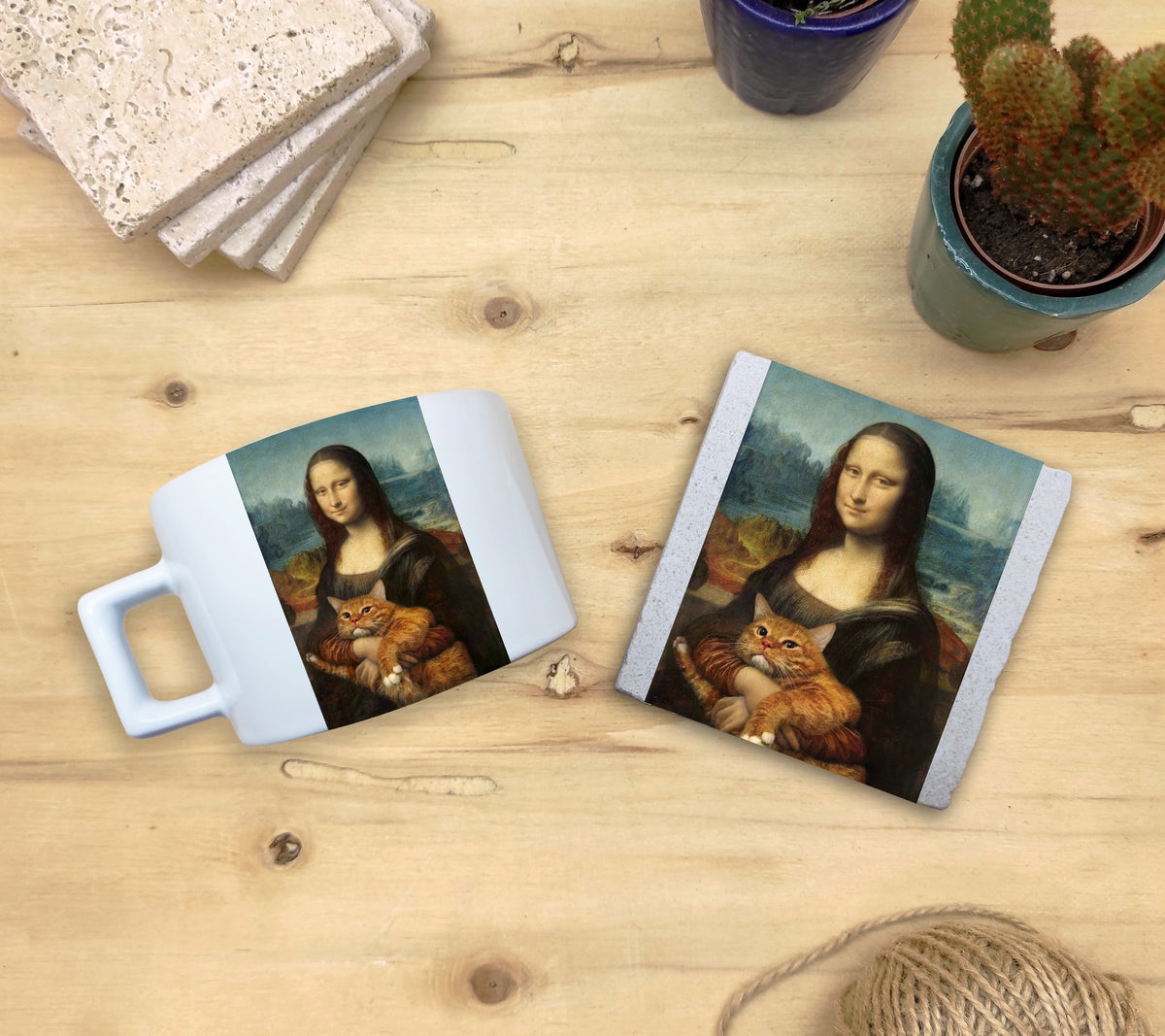 Kediler ve Sanat – Turuncu Kedi, Da Vinci Mona Lisa Çay/Kahve Fincanı ve Bardak Altlığı Seti