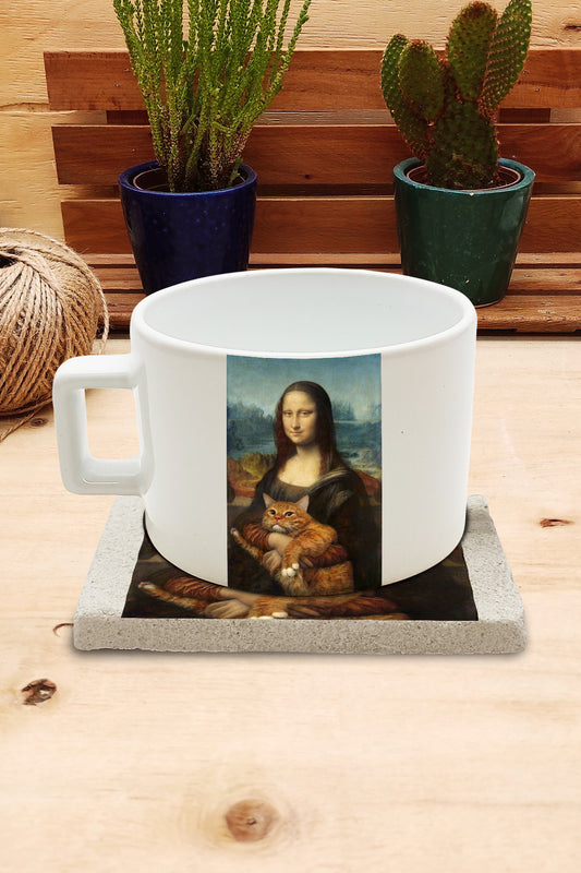 Kediler ve Sanat – Turuncu Kedi, Da Vinci Mona Lisa Çay/Kahve Fincanı ve Bardak Altlığı Seti – görsel 2