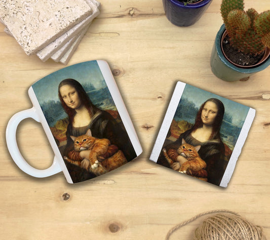 Kediler ve Sanat – Turuncu Kedi, Da Vinci Mona Lisa Kupa ve Bardak Altlığı Seti