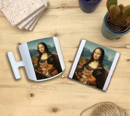 Kediler ve Sanat – Turuncu Kedi, Da Vinci Mona Lisa T Kulplu Kupa ve Bardak Altlığı Seti