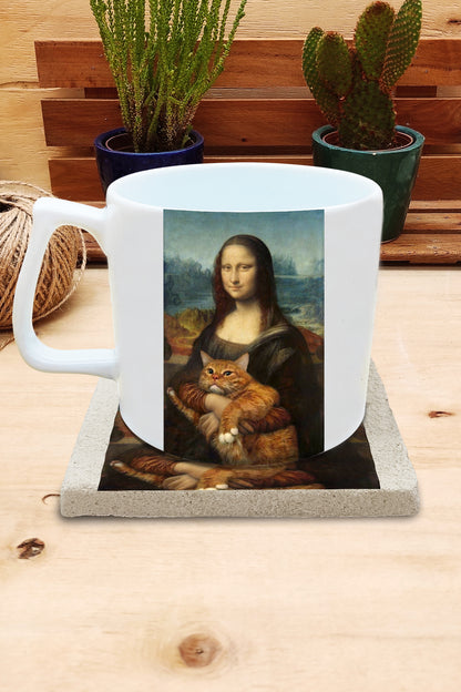 Kediler ve Sanat – Turuncu Kedi, Da Vinci Mona Lisa Yelken Kulplu Kupa ve Bardak Altlığı Seti – görsel 2