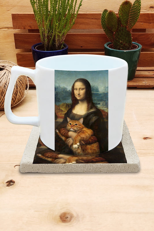 Kediler ve Sanat – Turuncu Kedi, Da Vinci Mona Lisa Yelken Kulplu Kupa ve Bardak Altlığı Seti – görsel 2