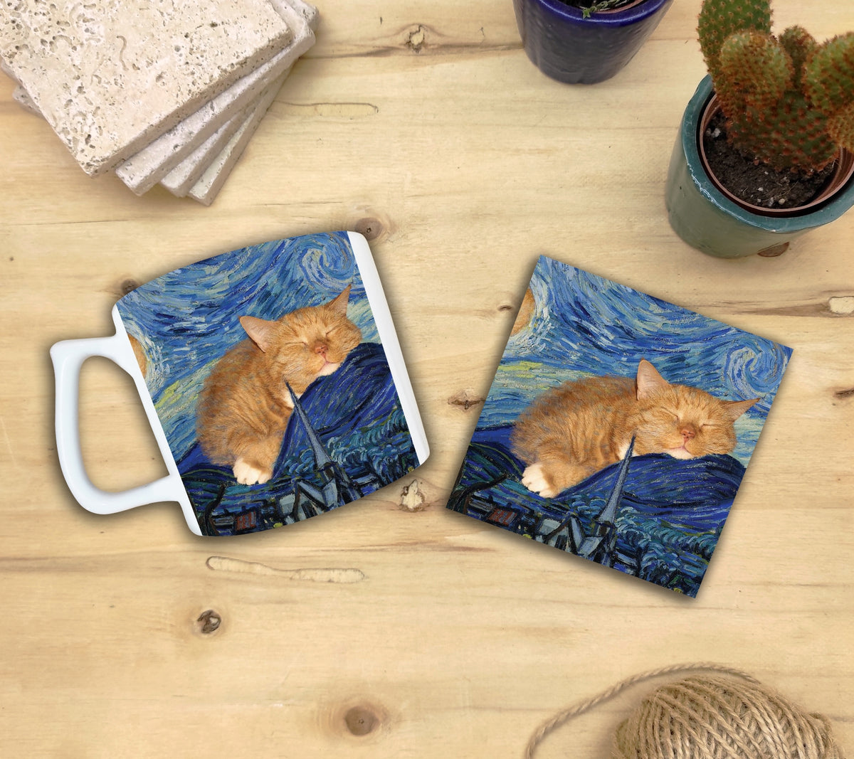 Kediler ve Sanat – Uyuyan Turuncu Kedi, Van Gogh Yıldızlı Gece (The Starry Night) Yelken Kulplu Kupa ve Bardak Altlığı Seti
