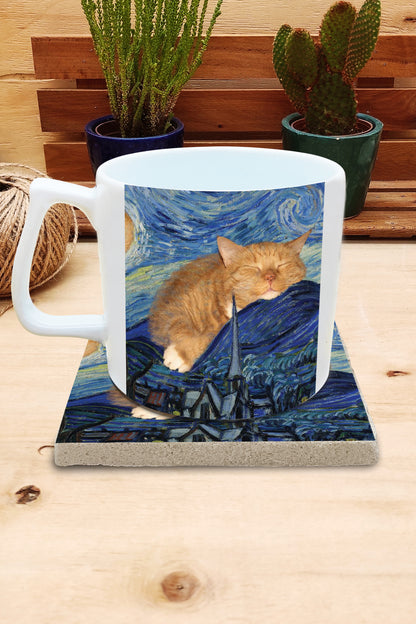 Kediler ve Sanat – Uyuyan Turuncu Kedi, Van Gogh Yıldızlı Gece (The Starry Night) Yelken Kulplu Kupa ve Bardak Altlığı Seti – görsel 2