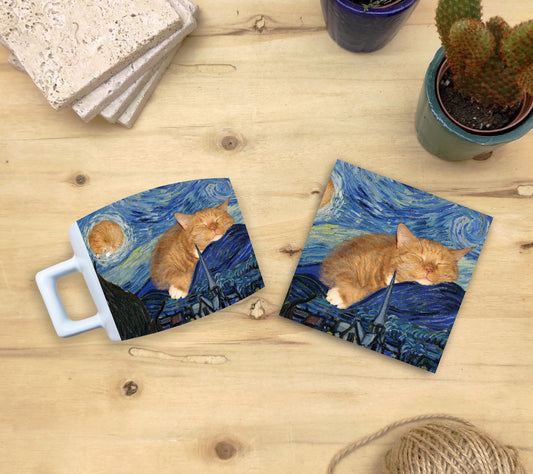 Kediler ve Sanat – Uyuyan Turuncu Kedi, Van Gogh Yıldızlı Gece (The Starry Night) Çay/Kahve Fincanı ve Bardak Altlığı Seti