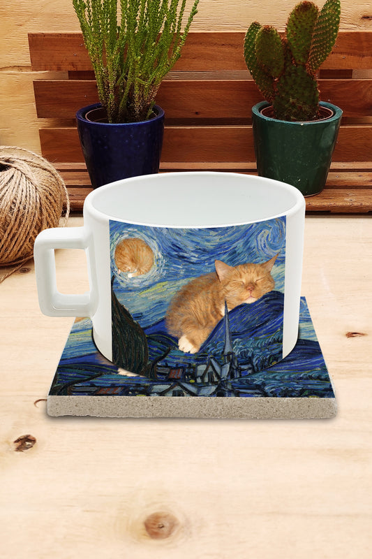 Kediler ve Sanat – Uyuyan Turuncu Kedi, Van Gogh Yıldızlı Gece (The Starry Night) Çay/Kahve Fincanı ve Bardak Altlığı Seti – görsel 2