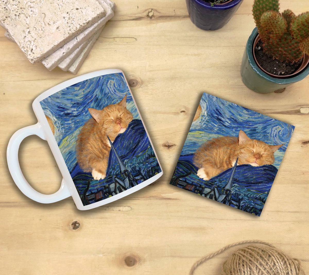 Kediler ve Sanat – Uyuyan Turuncu Kedi, Van Gogh Yıldızlı Gece (The Starry Night) Kupa ve Bardak Altlığı Seti