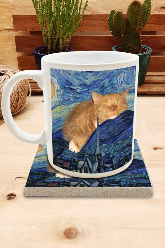 Kediler ve Sanat – Uyuyan Turuncu Kedi, Van Gogh Yıldızlı Gece (The Starry Night) Kupa ve Bardak Altlığı Seti – görsel 2