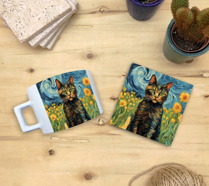 Kediler ve Sanat – Van Gogh Ayçiçekleri (Sunflowers) Çay/Kahve Fincanı ve Bardak Altlığı Seti